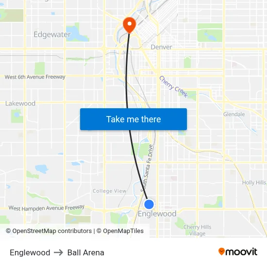 Englewood to Ball Arena map