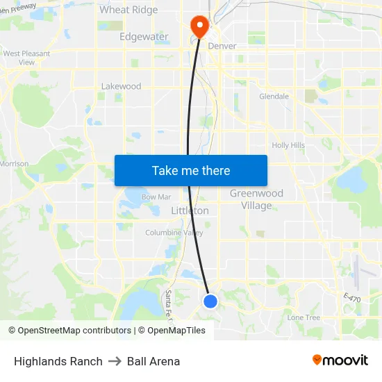 Highlands Ranch to Ball Arena map