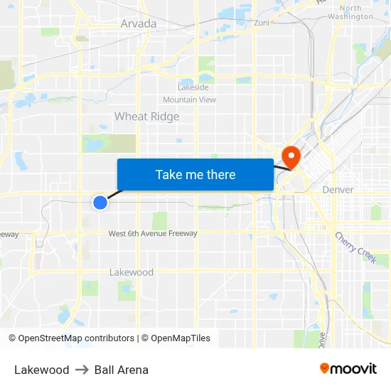 Lakewood to Ball Arena map