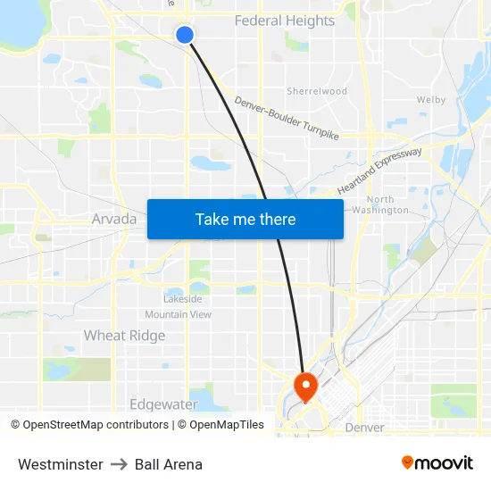 Westminster to Ball Arena map