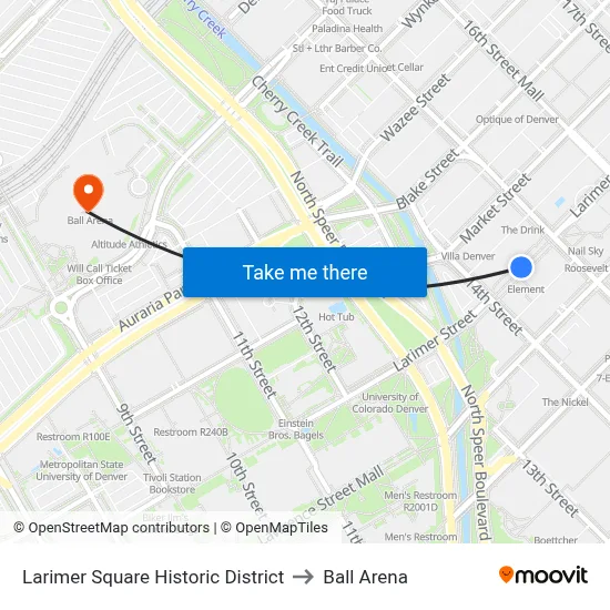 Larimer Square Historic District to Ball Arena map