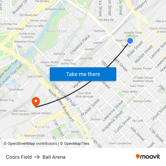 Coors Field to Ball Arena map