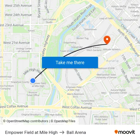 Empower Field at Mile High to Ball Arena map