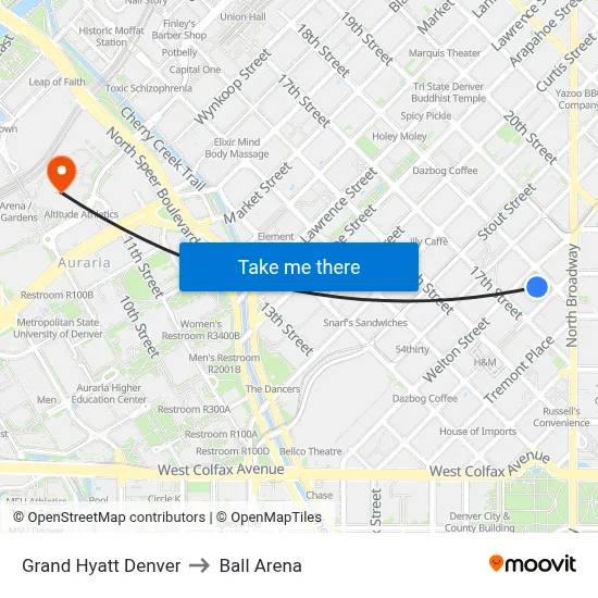 Grand Hyatt Denver to Ball Arena map