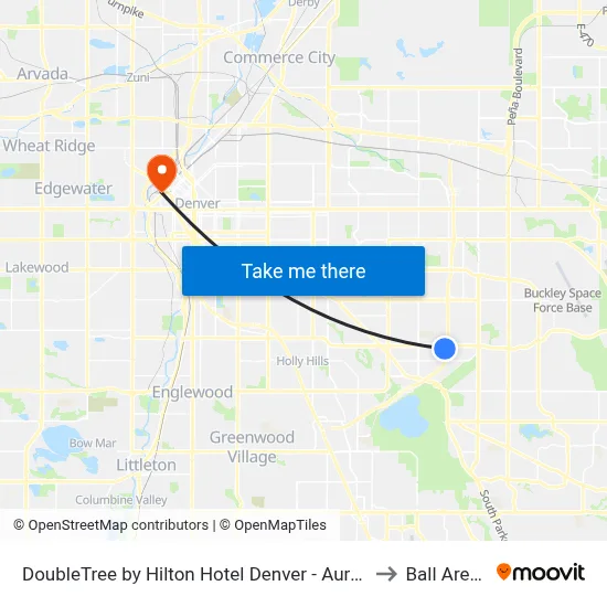 DoubleTree by Hilton Hotel Denver - Aurora to Ball Arena map