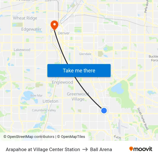 Arapahoe at Village Center Station to Ball Arena map