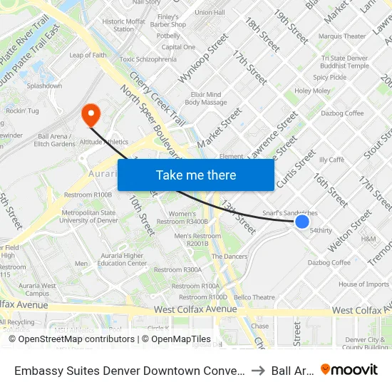 Embassy Suites Denver Downtown Convention Center to Ball Arena map