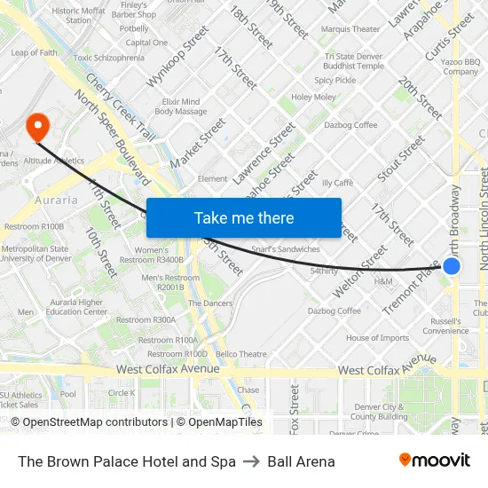 The Brown Palace Hotel and Spa to Ball Arena map