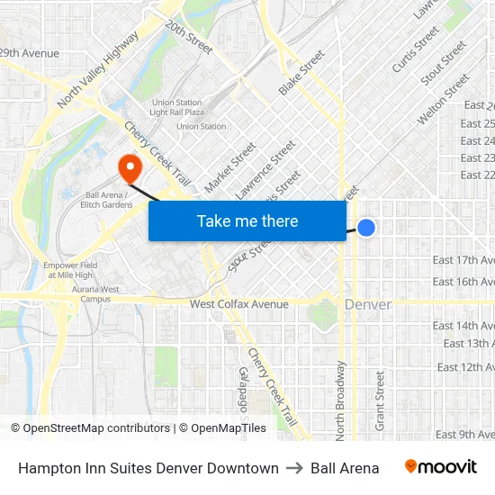 Hampton Inn Suites Denver Downtown to Ball Arena map