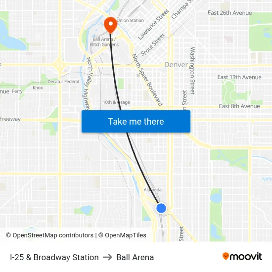 I-25 & Broadway Station to Ball Arena map