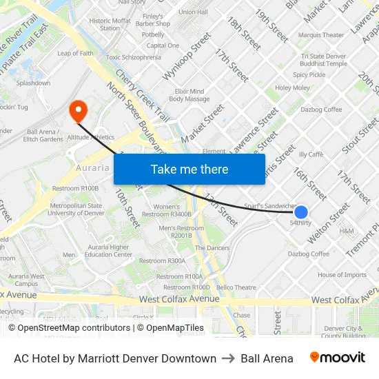 AC Hotel by Marriott Denver Downtown to Ball Arena map