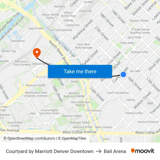 Tritch / Joslins Dry Goods Building to Ball Arena map