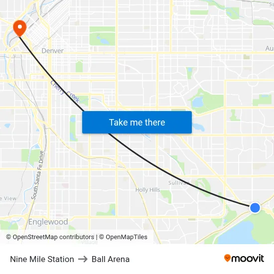 Nine Mile Station to Ball Arena map