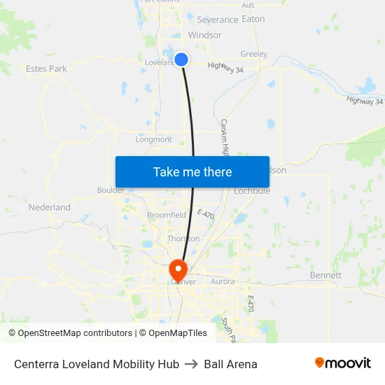 Centerra Loveland Mobility Hub to Ball Arena map