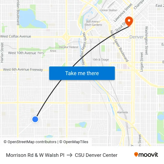 Morrison Rd & W Walsh Pl to CSU Denver Center map