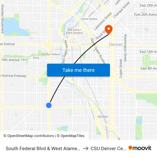South Federal Blvd & West Alameda Ave to CSU Denver Center map