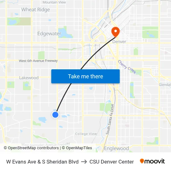 W Evans Ave & S Sheridan Blvd to CSU Denver Center map