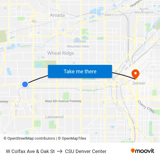 W Colfax Ave & Oak St to CSU Denver Center map