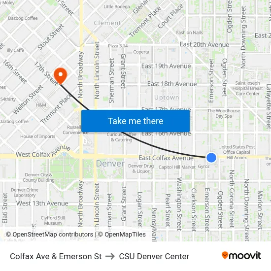Colfax Ave & Emerson St to CSU Denver Center map