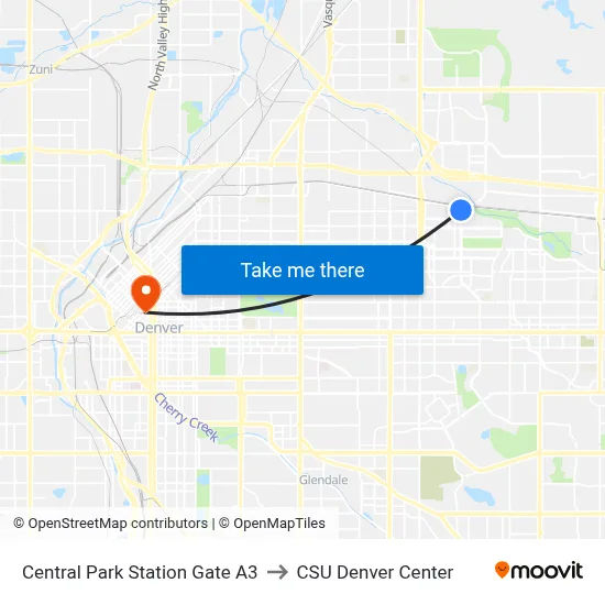 Central Park Station Gate A3 to CSU Denver Center map