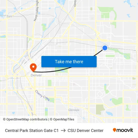 Central Park Station Gate C1 to CSU Denver Center map