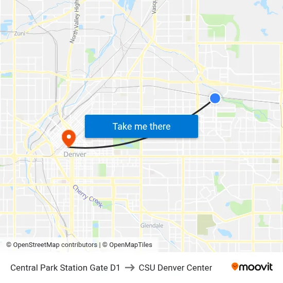 Central Park Station Gate D1 to CSU Denver Center map
