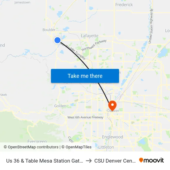 Us 36 & Table Mesa Station Gate B to CSU Denver Center map