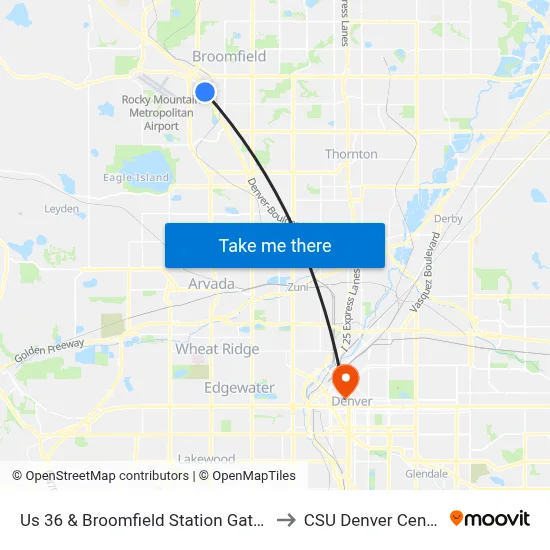 Us 36 & Broomfield Station Gate P to CSU Denver Center map