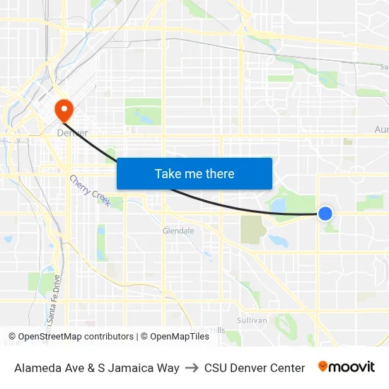 Alameda Ave & S Jamaica Way to CSU Denver Center map