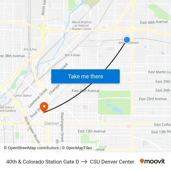 40th & Colorado Station Gate D to CSU Denver Center map