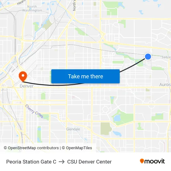 Peoria Station Gate C to CSU Denver Center map