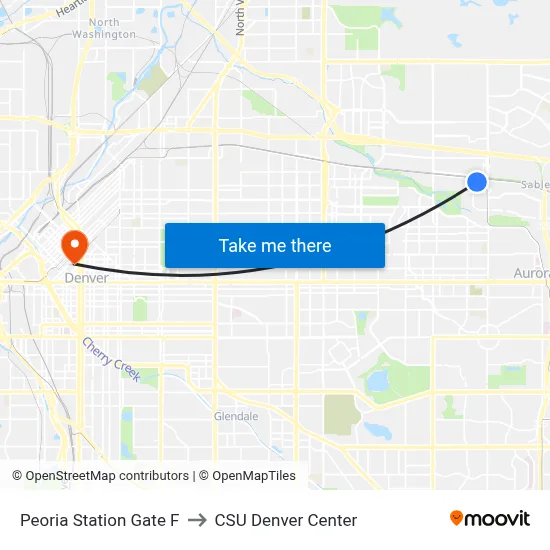 Peoria Station Gate F to CSU Denver Center map