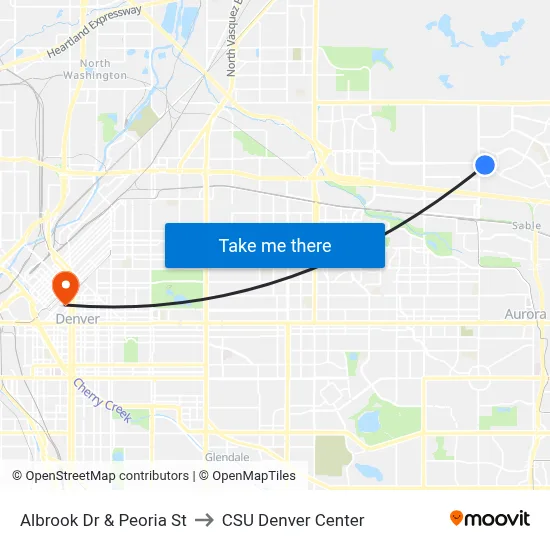Albrook Dr & Peoria St to CSU Denver Center map