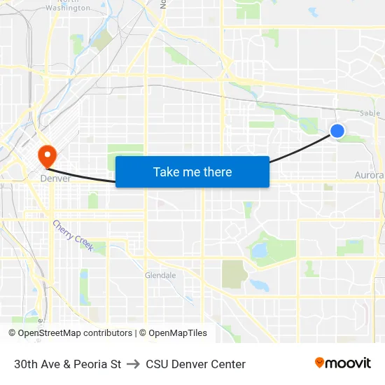 30th Ave & Peoria St to CSU Denver Center map