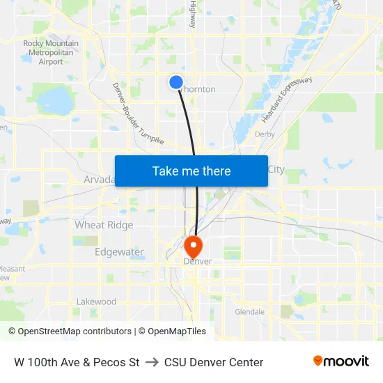 W 100th Ave & Pecos St to CSU Denver Center map
