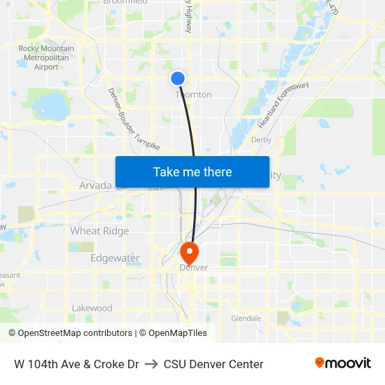 W 104th Ave & Croke Dr to CSU Denver Center map