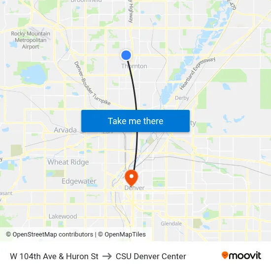 W 104th Ave & Huron St to CSU Denver Center map