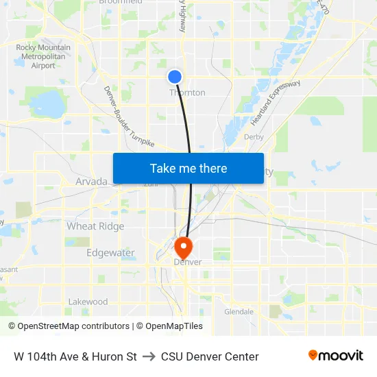 W 104th Ave & Huron St to CSU Denver Center map