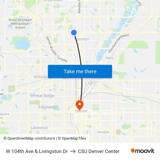 W 104th Ave & Livingston Dr to CSU Denver Center map