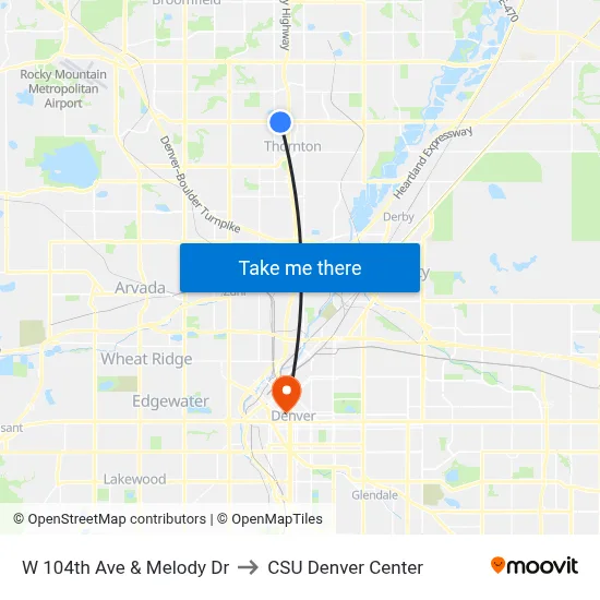 W 104th Ave & Melody Dr to CSU Denver Center map
