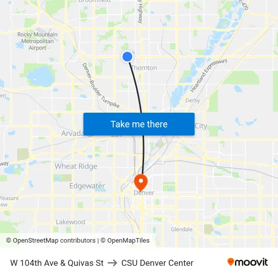W 104th Ave & Quivas St to CSU Denver Center map
