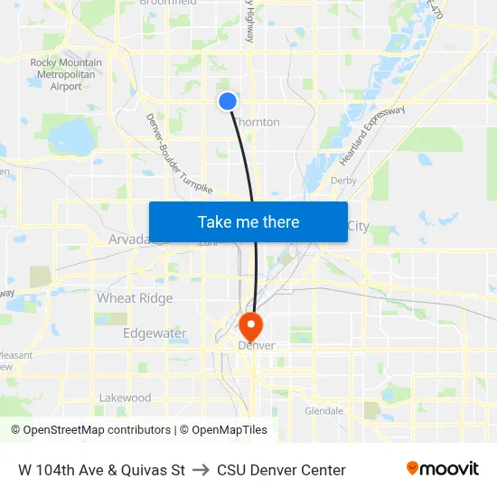 W 104th Ave & Quivas St to CSU Denver Center map