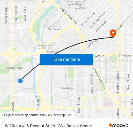 W 10th Ave & Decatur St to CSU Denver Center map