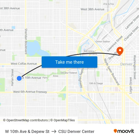 W 10th Ave & Depew St to CSU Denver Center map