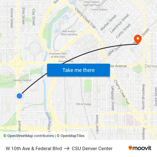 W 10th Ave & Federal Blvd to CSU Denver Center map