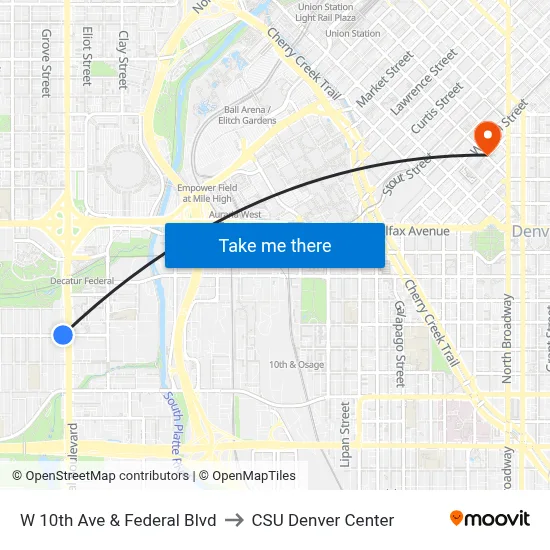 W 10th Ave & Federal Blvd to CSU Denver Center map