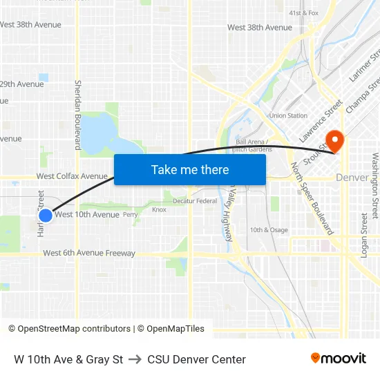 W 10th Ave & Gray St to CSU Denver Center map