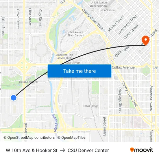 W 10th Ave & Hooker St to CSU Denver Center map