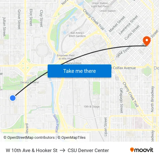 W 10th Ave & Hooker St to CSU Denver Center map