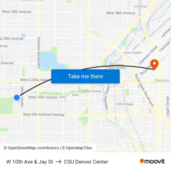 W 10th Ave & Jay St to CSU Denver Center map